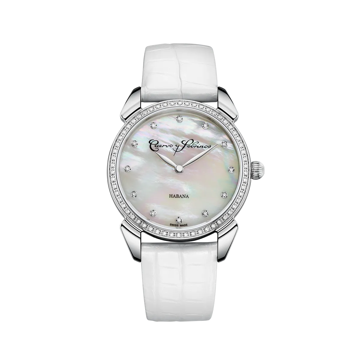 Reloj de lujo Cuervo Y Sobrinos Historiador Primera Dama Blanco y Diamantes 3113.1W-S1 Reloj de lujo de la marca CUERVO Y SOBRINOS modelo HISTORIADOR PRIMERA DAMA 3113.1W-S1, cuarzo, fabricado en Suiza.