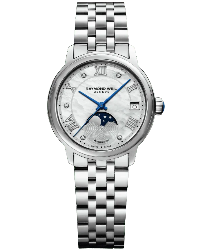 Reloj de lujo Raymond Weill Maestro Nácar Fase Lunar Diamantes Acero 2139-ST-00965 Detalle del Reloj de lujo de la marca RAYMOND WEILL modelo MAESTRO 2139-ST-00965, automático, fabricado en Suiza.