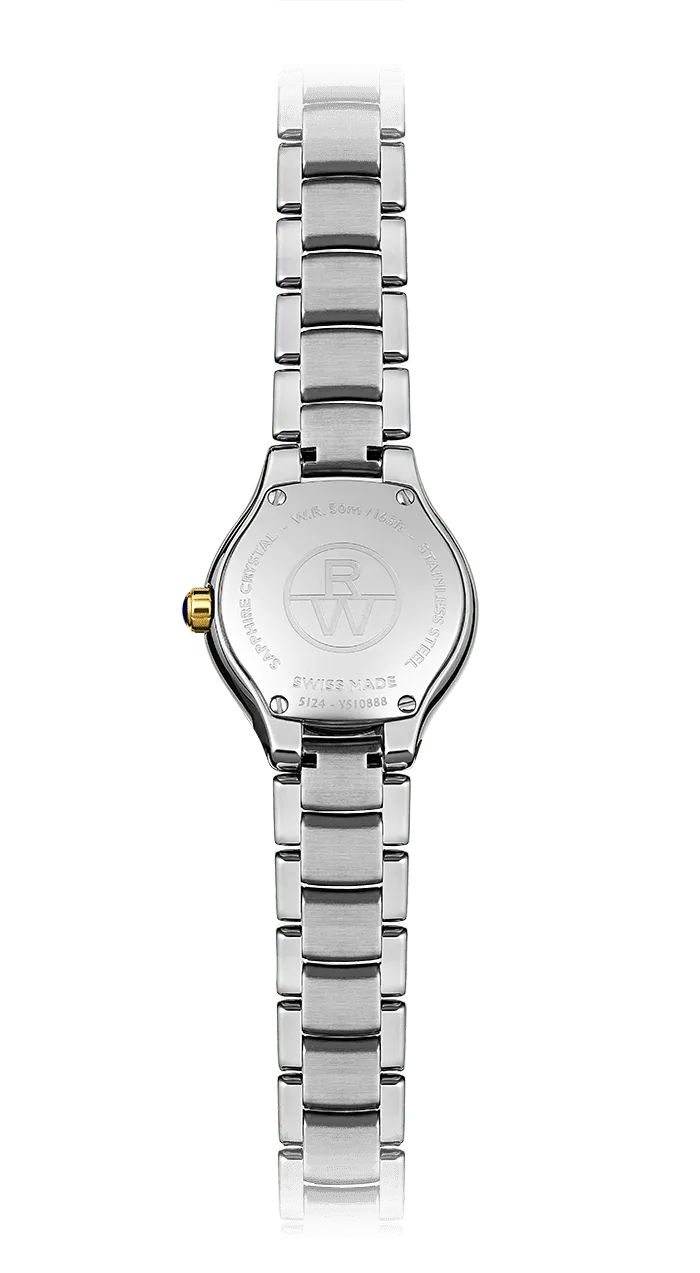 Reloj de lujo Raymond Weill Noemia Dos Tonos Nácar 10 Diamantes Acero 5124-STP-00985 Detalle del Reloj de lujo de la marca RAYMOND WEILL modelo NOEMIA 5124-STP-00985, cuarzo, fabricado en Suiza.