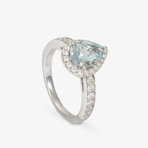 Anillo oro blanco con brillantes y Aguamarina gota