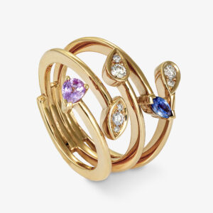 Anillo Oro Amarillo Hojas Brillantes y Zafiros